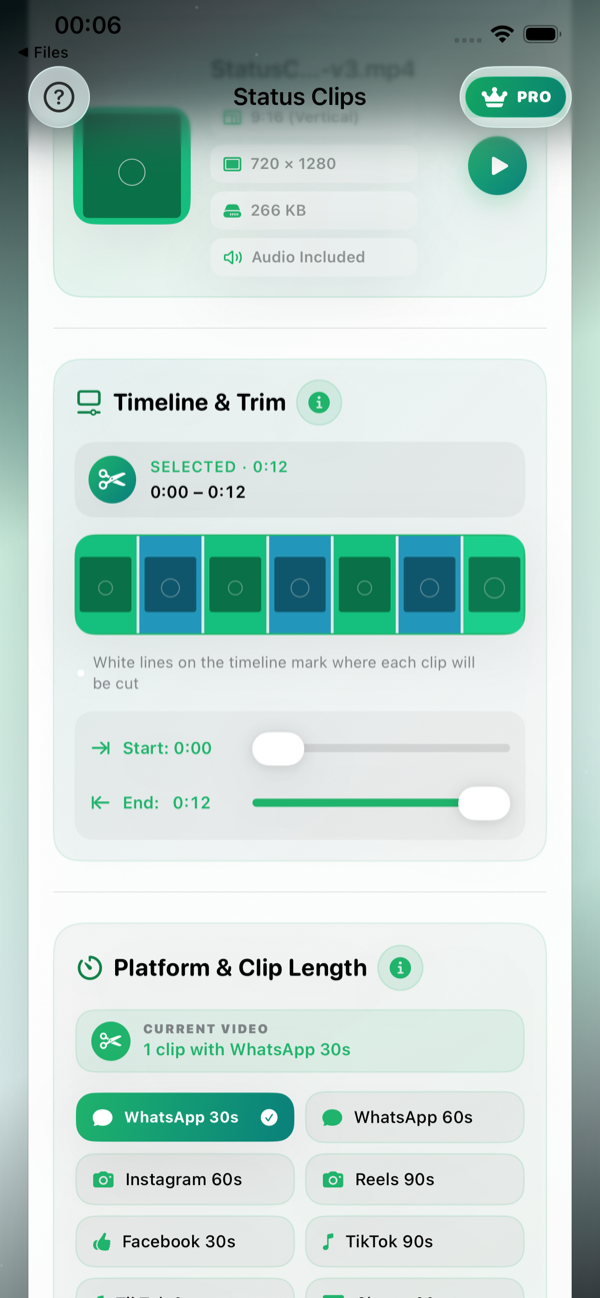 StatusClips Timeline and Trim Interface on iPhone