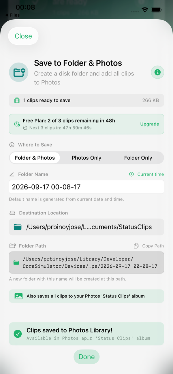 StatusClips Dedicated Photos Album on iPhone